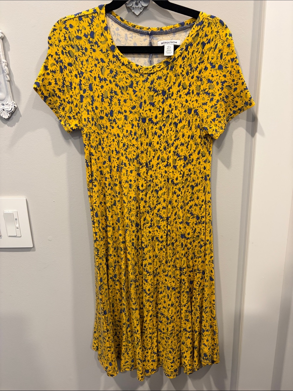 Nordstrom Yellow Floral Short-Sleeve Midi Dress with Navy Floral Accents